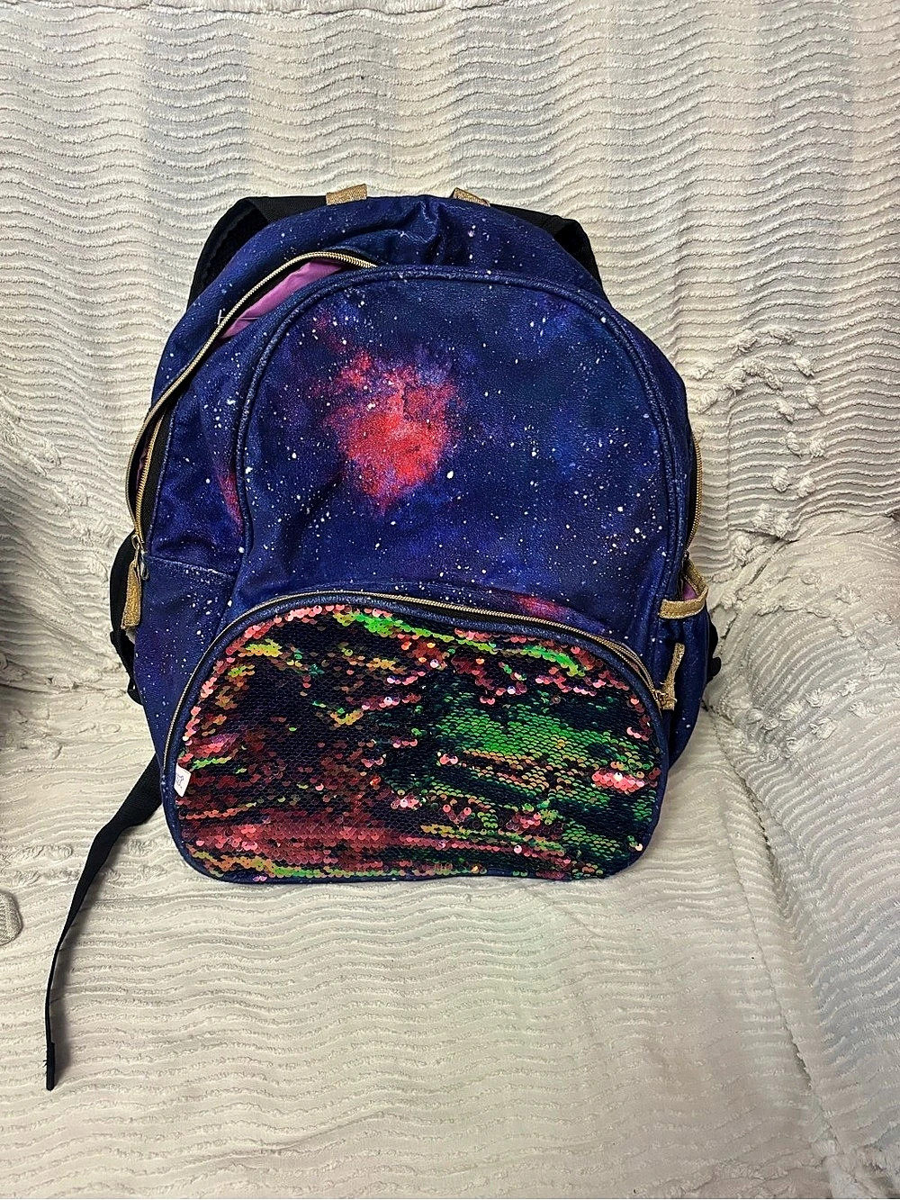 Galaxy Sequin Backpack in Blue & Pink with matching galaxy-print pouch